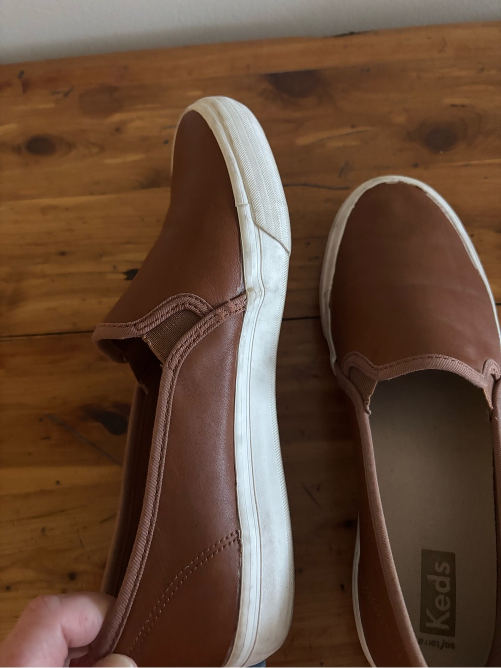 Keds Leather Slip-On Sneakers in Cognac/Tan with White Soles - Picture 2 of 5